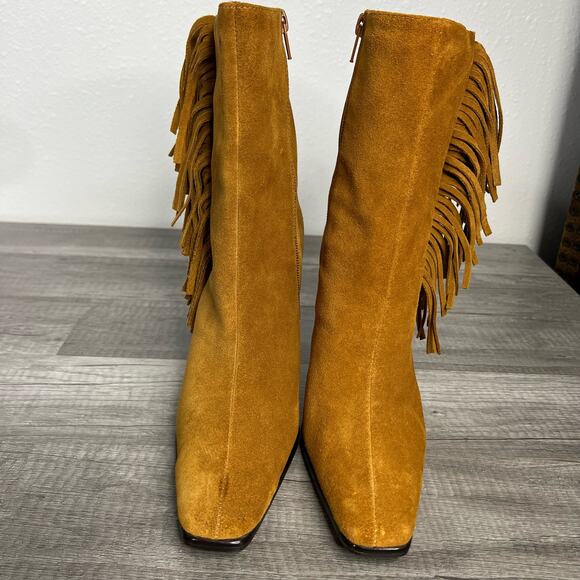 90s Fringe Square Toe Heeled Boots Tan Suede Western Predictions 7 1/2 - Picture 7 of 11